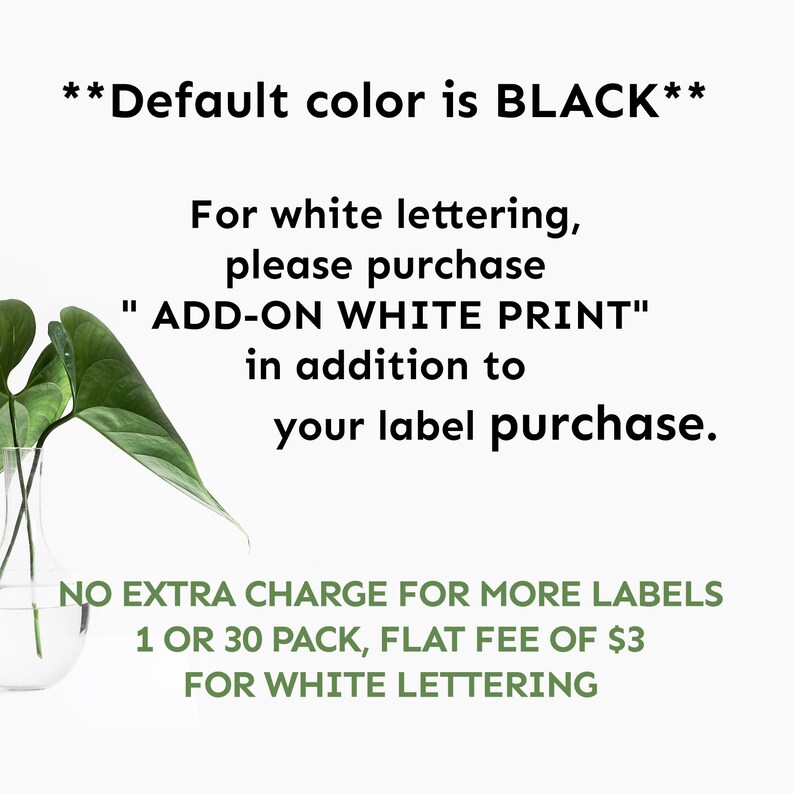 Puede incluir: Texto sobre un fondo blanco que dice "El color predeterminado es NEGRO" y "Para letras blancas, por favor compre "IMPRESI&Oacute;N BLANCA ADICIONAL" adem&aacute;s de su compra de etiquetas."  Debajo del texto hay una planta verde en un jarr&oacute;n transparente.  El texto contin&uacute;a "SIN CARGO EXTRA POR M&Aacute;S ETIQUETAS 1 O 30 PACK, TARIFA FIJA DE $3 POR LETRAS BLANCAS."