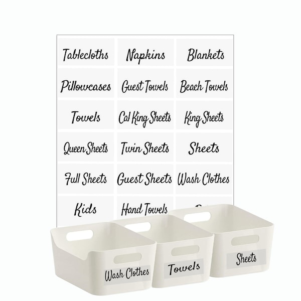 Linen closet labels, Farmhouse closet basket organizer, Bathroom storage name stickers, Minimalist cleaning, container, storage decals