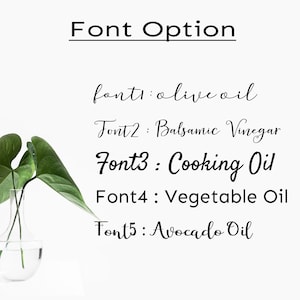 Puede incluir: Primer plano de cinco estilos de fuente diferentes para las palabras "aceite de oliva", "vinagre bals&aacute;mico", "aceite de cocina", "aceite vegetal" y "aceite de aguacate".
