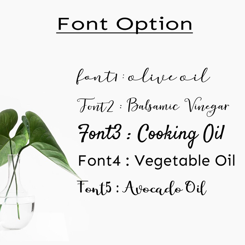 Puede incluir: Primer plano de cinco estilos de fuente diferentes para las palabras "aceite de oliva", "vinagre bals&aacute;mico", "aceite de cocina", "aceite vegetal" y "aceite de aguacate".