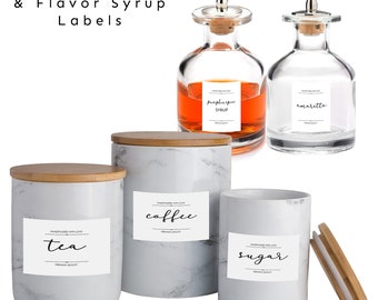 Custom Coffee Bar Labels, Water-resistant Syrup Flavor Glass Bottle Stickers, Hot Cocoa Station, Mixed drink cart dispenser labels