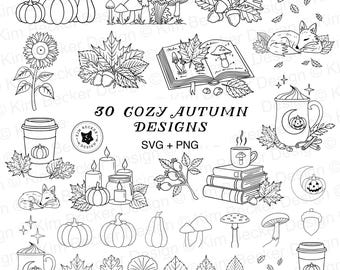 30 Fall SVG Bundle: Cozy Autumn Clipart, Pumpkin, Mushroom & Leaves SVG PNG, Hand Drawn Digital Download
