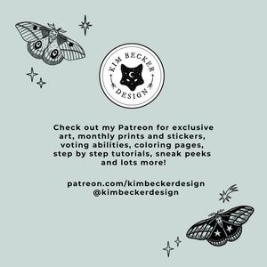 May include: Black and white illustration of a fox with a crescent moon on its forehead, inside a circle with the text "KIM BECKER DESIGN". The image is on a light blue background with two black and white moth illustrations and white stars.