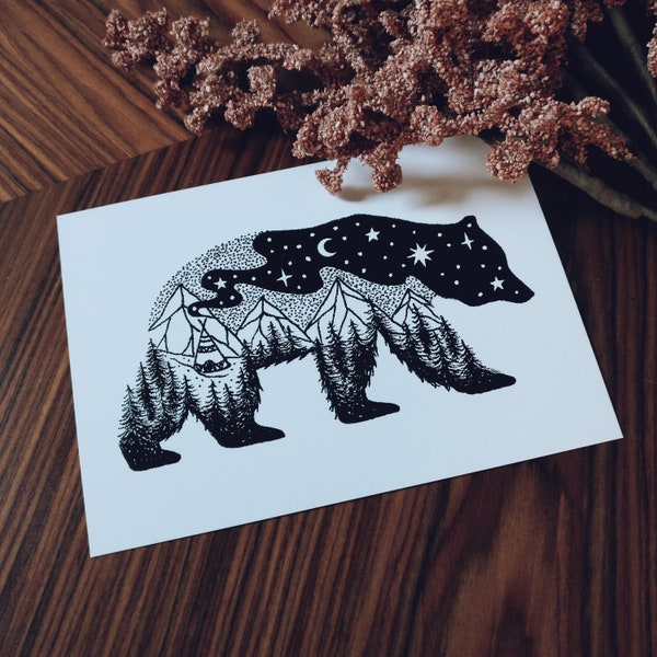 Postcard Night Bear, Postkarte, Designkarte, Bär, Natur