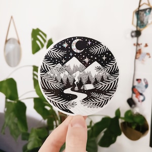Aufkleber, Camping Sticker, Zelten, Mond, Zelt, Camp Wild, Aventure, Forêt, Nature, Lune, Étoiles