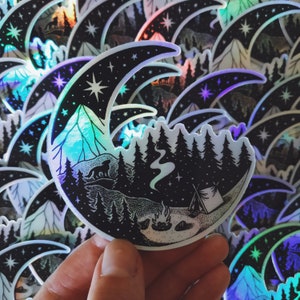 Pegatina holográfica de lobo y luna