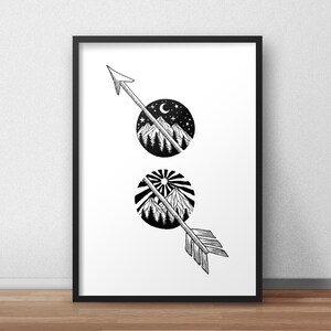 May include: Black and white illustration of a mountain landscape with a sun and moon in the sky. The image is framed by a black frame and features an arrow pointing to the right.