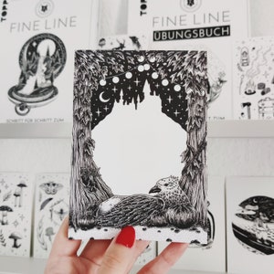 May include: Black and white illustration of a bird with a castle silhouette in the background. The bird is perched on a branch with leaves and a crescent moon in the sky. The illustration is framed by a border of trees and leaves.