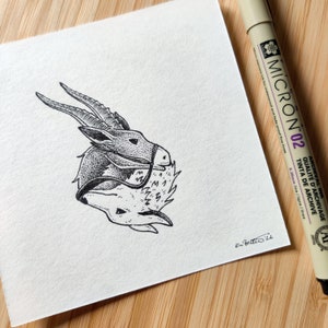 Ilustración original de antílope y lobo