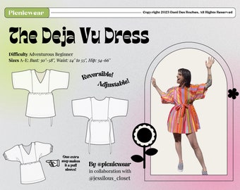 Il modello di cucito PDF dell'abito Deja Vu, dimensioni incluse, adatto ai principianti, istruzioni chiare, babydoll anni '60, reversibile, regolabile, adattabile