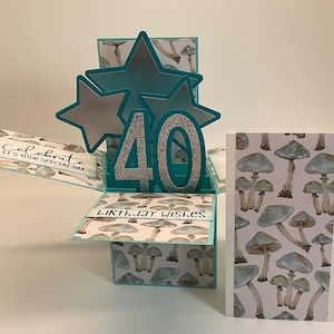 May include: A handmade birthday pop-up card with a mushroom pattern. The card features a teal star design and a glittery silver "40". The card says "Celebrate, It's Your Special Day" and "Birthday Wishes".
