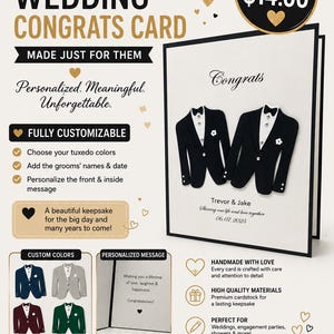 Peut inclure: Une carte de vœux de mariage blanche avec deux vestes de smoking noires, des nœuds papillon et des fleurs blanches à la boutonnière. Le texte indique Congrats, Trevor & Jake, et Sharing one life and love together 06.07.2025. Options incluses.