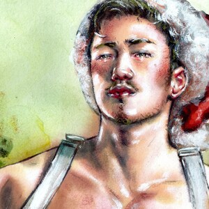 Original Watercolor Painting of a Young Man Sexy Christmas man