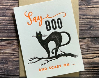 Say Boo and Scary On. Halloween Black Cat Card. Cute Halloween Card. Halloween Greeting Card. Halloween Gift Basket. Trick or Treat Card.