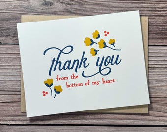 Thank You Cards, Bottom of my Heart, Letterpress Thank You Card Pack, Bulk Thank You Cards for Funeral, Wedding, Graduation, Business