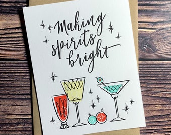 Making Spirits Bright. Funny Holiday Card. Cute Christmas Card. Gifts for wine lover. Cocktail gifts for Christmas. Letterpress Card.