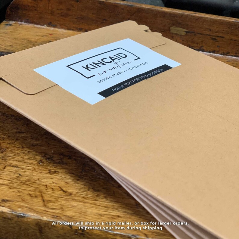 Example image of rigid mailer that each greeting card will be sent in to protect your order. Larger orders will be sent in a box.