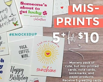 Greeting Card Mystery Bag, Whoopsie Clearance Grab Bag Misprinted Letterpress Cards, Pack of 5 Cards and envelopes, PLUS a Paper Good bonus!