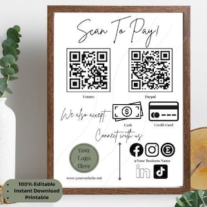 Bearbeitbare Scan-to-Pay-Karte | Bearbeitbare Canva Vorlage | QR-Code-Zeichen-Vorlage | Zahlungsmittel für Kleinunternehmen | Venmo Zahlung druckbar.