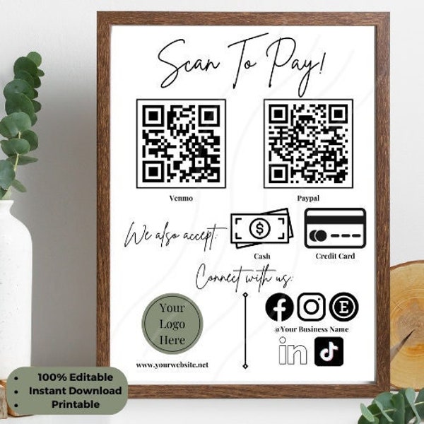 Editable Scan to Pay Card | Editable Canva Template | QR Code Sign Template | Payment Sign for Small Business | Venmo Payment Printable.