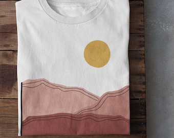 Minimal Landscape Drawing Mountain and Rising Sun Unisex Crew Neck Sweatshirt