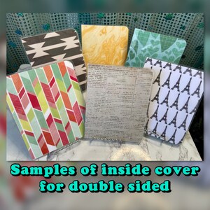 May include: Samples of inside covers for double-sided notebooks. The covers feature a variety of patterns, including geometric designs, a newspaper print, and a pattern of Eiffel Towers and hearts.