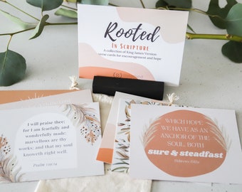 May include: A set of inspirational verse cards with a neutral background and a design of feathers and wheat. The cards feature verses from the King James Version of the Bible. The text on the cards reads "Rooted in Scripture", "I will praise thee: for I am fearfully and wonderfully made: marvellous are thy works; and that my soul knoweth right well. Psalm 139:14", and "Which hope we have as an anchor of the soul, both sure & steadfast. Hebrews 6:19".