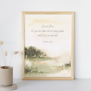 Matthew 11:28 Scripture Watercolor Digital Download, Bible Verse Landscape Watercolor Instant Printable, Bible Verse Wall Decor Minimalist