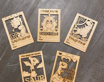Valentine’s Day, Valentine’s card, Wood laser, Wood Card, Dinosaur, Dino card, set of 5