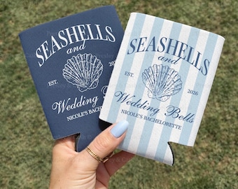 Seashells And Wedding Bells Drink Sleeves, Beach Bachelorette Gifts, Custom Bridesmaids Can Cooler, Coastal Bachelorette