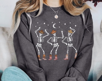 Dancing Skeleton Sweatshirt Halloween Crewneck Boho Skeleton Cowgirl Shirt Western Sweatshirt Boot Scootin Spooky Hoodie Cowboy Fall Apparel