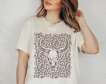 Chemise bohème longue corne avec tête de mort T-shirt graphique western Chemise à imprimé léopard Chemise de cow-girl guépard du Texas Chemise désert Chemise tête de mort de vache Haut rodéo YeeHaw