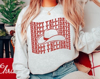 Western Christmas Crewneck Happy Yallidays Shirt Cowgirl Ugly Christmas Sweater Cowboy Hat Outfit YeeHaw Shirt Southern Holiday Sweatshirts