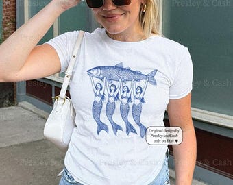 Sardine Graphic Tee Y2k Baby Tee Mermaid Sardine Shirt Fisherman Aesthetic Clothes Sardine Baby Tee Tinned Fish Shirt La Dolce Vita Baby T