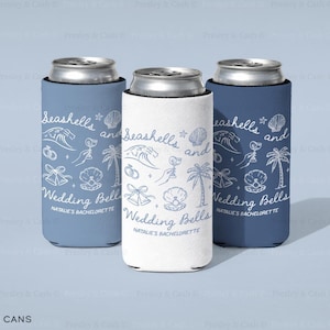 Seashells And Wedding Bells Can Cooler, Beach Bachelorette Drink Sleeves, Custom Bach Can Coolers, Blue Bridal Party Gifts