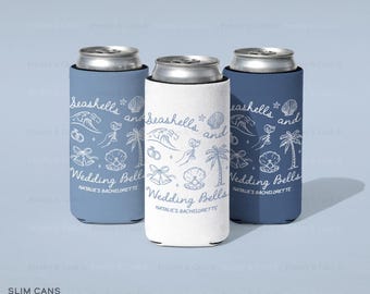 Seashells And Wedding Bells Can Cooler, Beach Bachelorette Drink Sleeves, Custom Bach Can Coolers, Blue Bridal Party Gifts