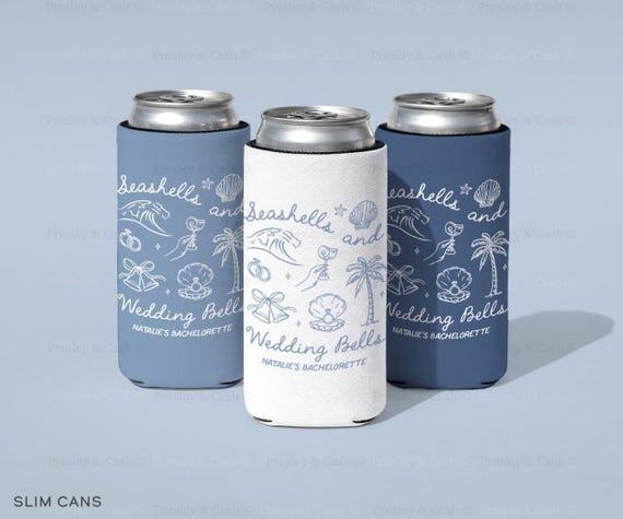 Seashells And Wedding Bells Can Cooler, Beach Bachelorette Drink Sleeves, Custom Bach Can Coolers, Blue Bridal Party Gifts