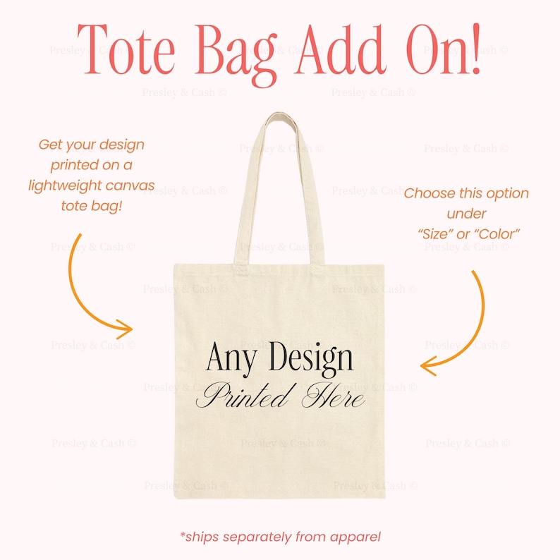 a beige tote bag with the text "Any Design Printed Here" printed on it. The bag is displayed against a pink background, and there are two orange arrows pointing towards the bag, suggesting that it can be customized with a design.