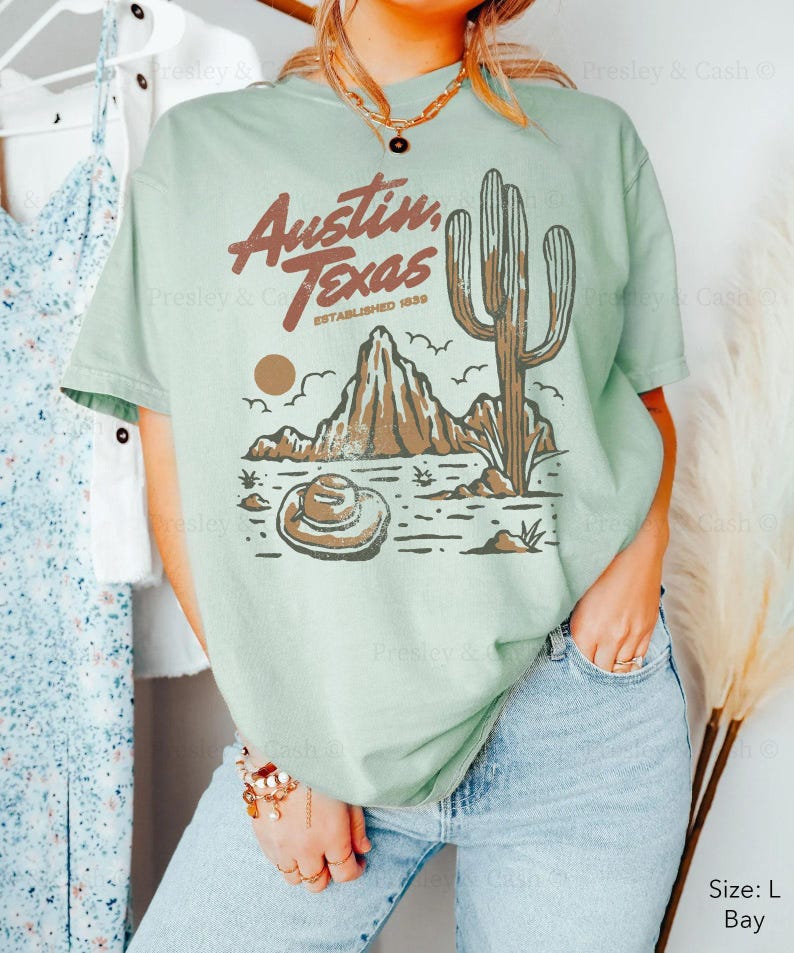 Austin Texas Shirt Comfort Colors Shirt Country TShirt Dress Vintage Desert Shirt Cowgirl Clothes Western Graphic Tee Oversized Texas Shirt Bay