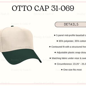 May include: A baseball cap with a cream-colored crown and a dark green bill. The cap is a 5-panel mid-profile design made of 65% polyester and 35% cotton. It features an adjustable plastic snap closure and fits head circumferences from 23.25" to 25.25".