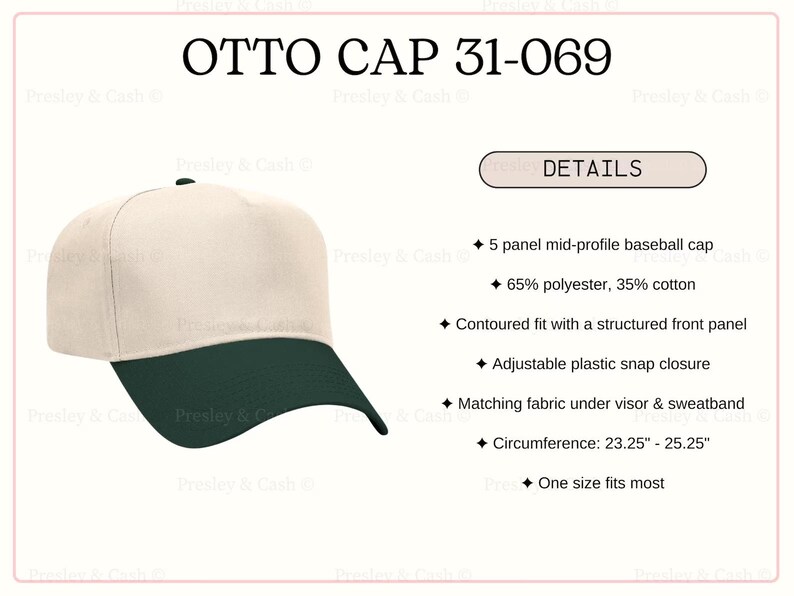 May include: A baseball cap with a cream-colored crown and a dark green bill. The cap is a 5-panel mid-profile design made of 65% polyester and 35% cotton. It features an adjustable plastic snap closure and fits head circumferences from 23.25" to 25.25".