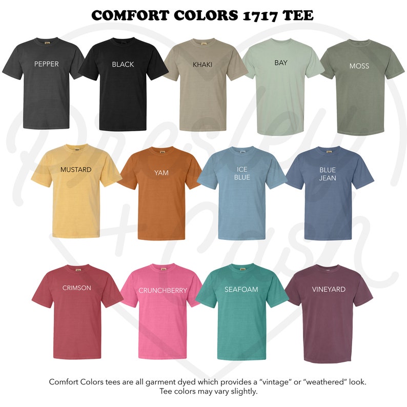 May include: A collection of 14 t-shirts in various colors, including pepper, black, khaki, bay, moss, mustard, yam, ice blue, blue jean, crimson, crunchberry, seafoam, and vineyard. Comfort Colors tees are all garment dyed which provides a "vintage" or "weathered" look. Tee colors may vary slightly.