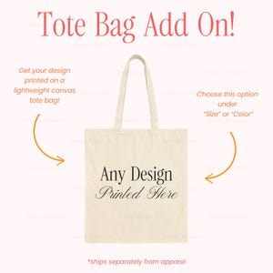 a beige tote bag with the text "Any Design Printed Here" printed on it. The bag is displayed against a pink background, and there are two orange arrows pointing towards the bag, suggesting that it can be customized with a design.