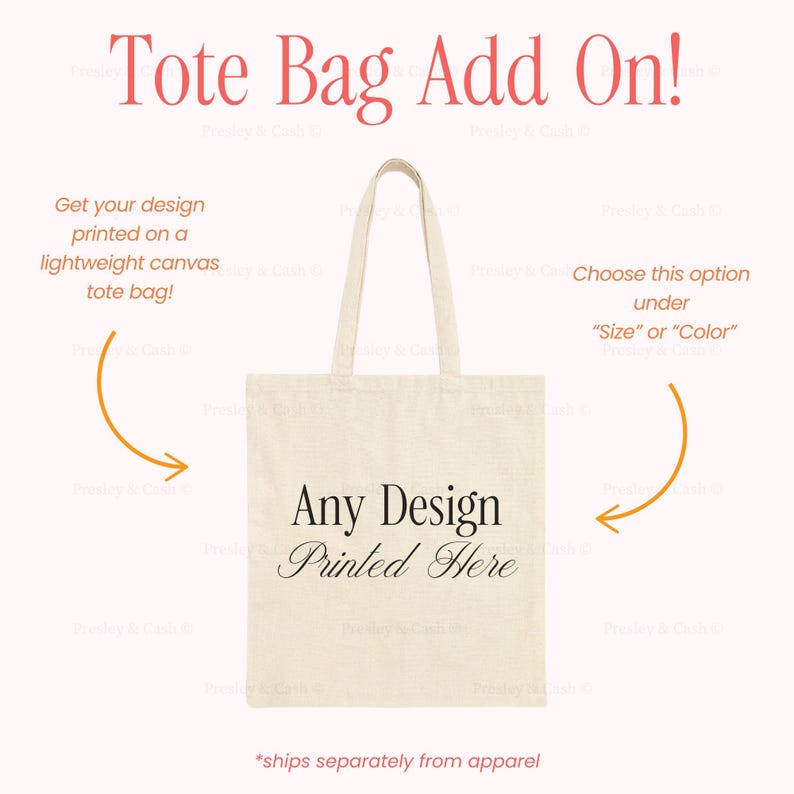 a beige tote bag with the text "Any Design Printed Here" printed on it. The bag is displayed against a pink background, and there are two orange arrows pointing towards the bag, suggesting that it can be customized with a design.