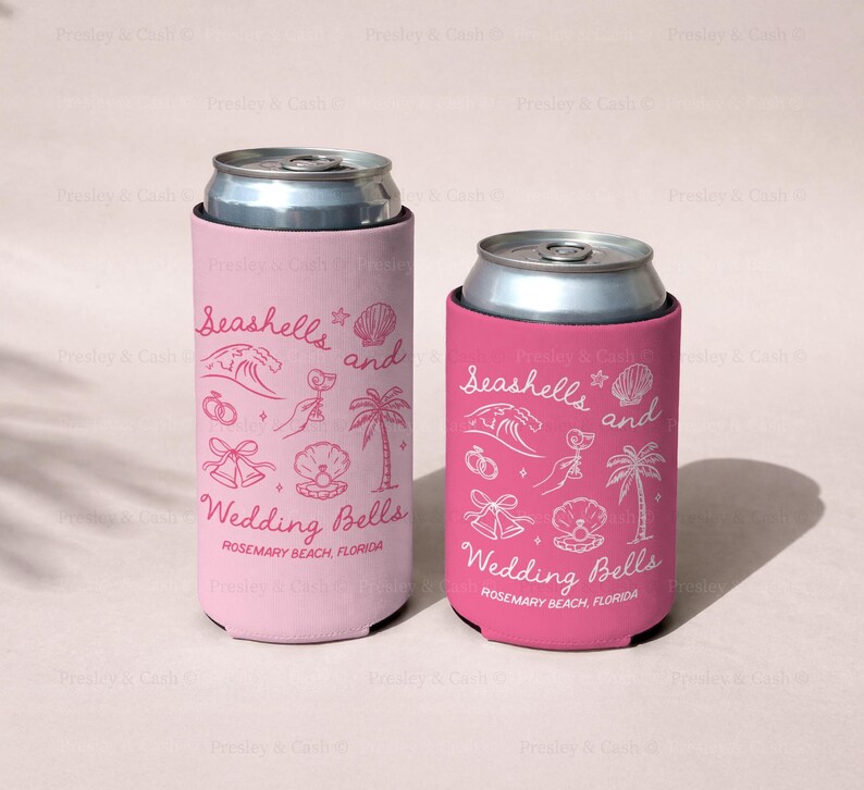 Two pink can coolers in slim and regular sizes, each with “Seashells and Wedding Bells” printed in white and red. Coastal bachelorette design includes seashells, waves, and tropical details.