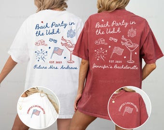May include: Two t-shirts, one white and one maroon, with a patriotic design. The back of each shirt features the text "Bach Party in the USA" with festive illustrations and the text "EST. 2025". The white shirt says "Future Mrs. Andrews", and the maroon shirt says "Jennifer's Bachelorette".
