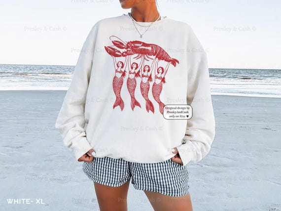 Lobster Sweatshirt Fisherman Aesthetic Crewneck Mermaid Lobster Tee Trendy Coastal Sweatshirt Lobster Print Oversized Crewneck Nautical Top