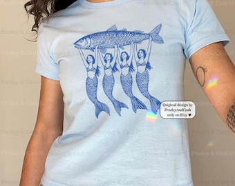 Sardine Baby Tee Mermaid Sardine Shirt Fisherman Aesthetic Y2k Baby Tee Tinned Fish Shirt Mermaidcore Clothes Preppy Summer Graphic Tee