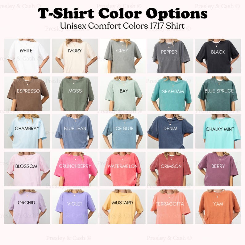 a collection of 1717 t-shirt color options, including white, ivory, grey, pepper, black, brown, espresso, moss, bay, sea foam, blue spruce, blue jean, blue ice blue, denim, chalky mint, pink, crunchberry, watermelon, cranberry, berry, blossom, mustard, and terracotta.