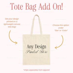 a beige tote bag with the text "Any Design Printed Here" printed on it. The bag is displayed against a pink background, and there are two orange arrows pointing towards the bag, suggesting that it can be customized with a design.
